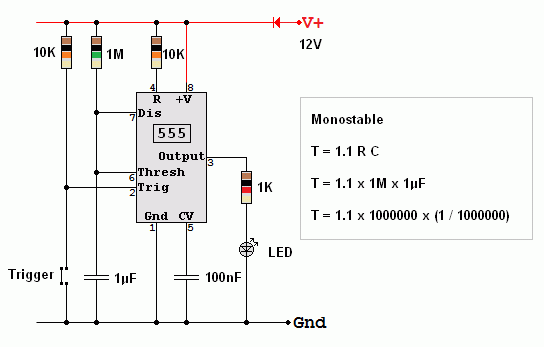 555 Monostable Circuit Diagram 1.1 Second LED Flash