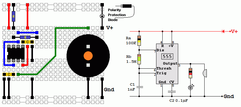 555 Astable Circuit and Layout Diagram